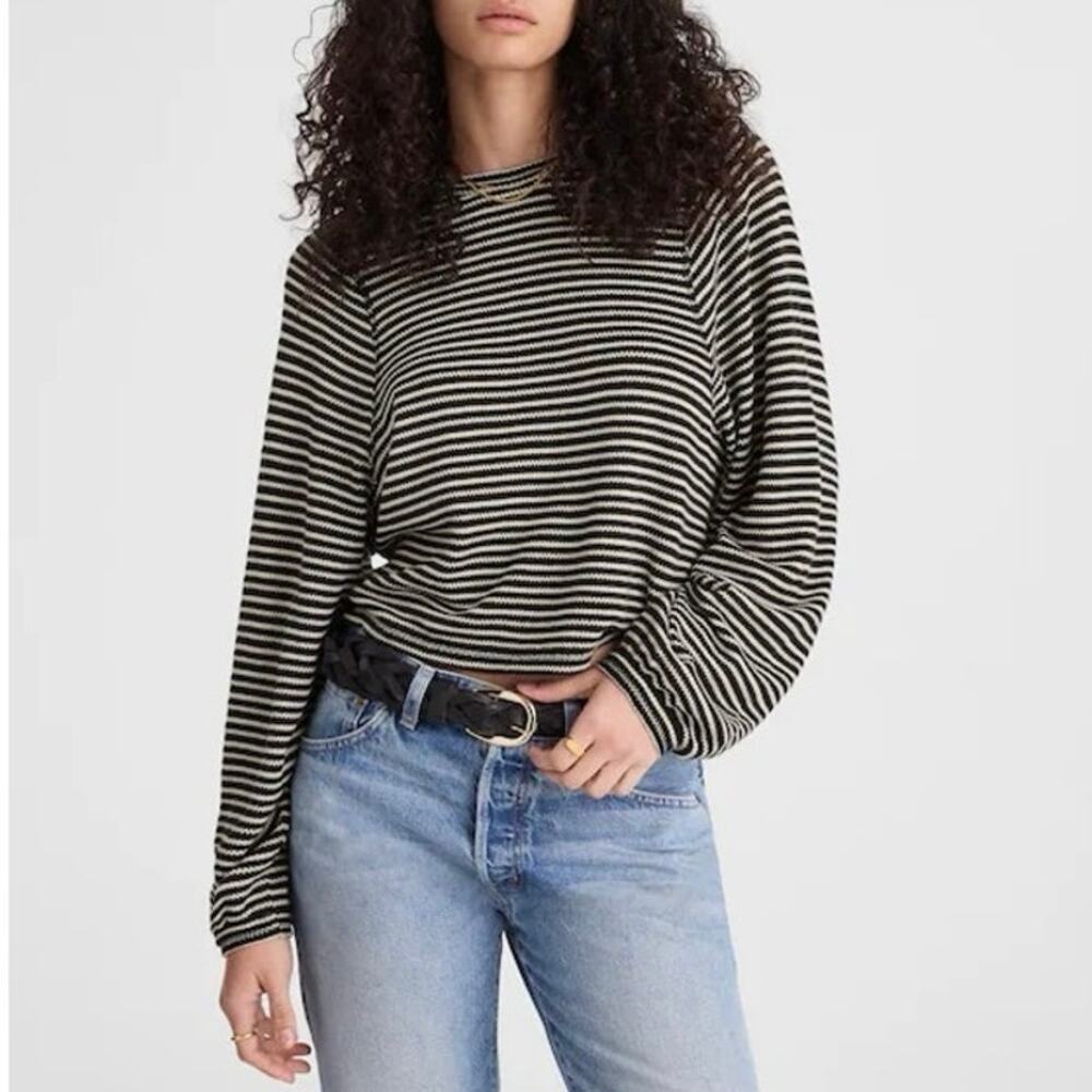 NWT Madewell Striped Curved Long-Sleeve Tee Jet Black and White Stripe Size XS